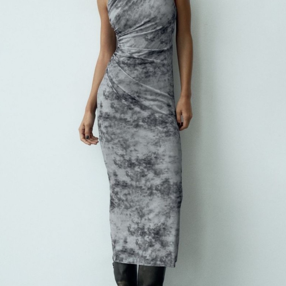 Zara Gray Draped Tulle Midi Dress